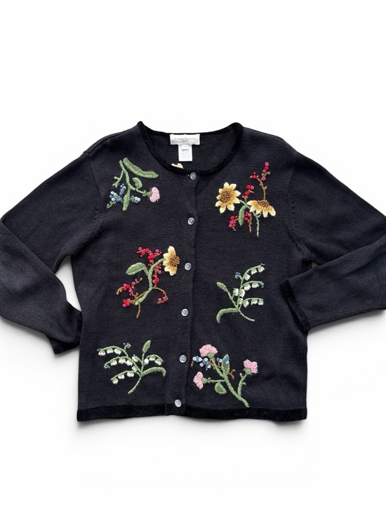 Susan Bristol Sweaters - Susan Bristol Petite Hand Embroidered Floral Cardigan Sweater Black Cottagecore